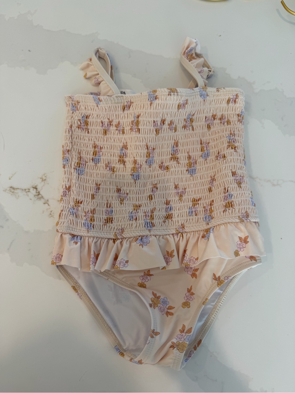Zara Cream Pink Floral Smocked Ruffle One-Piece Swimsuit